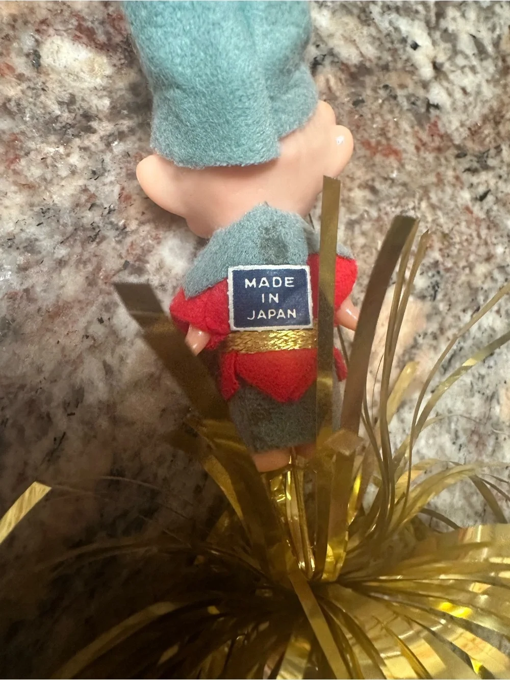 Vintage Elf Holiday Tinsel Ornament in Red, Gray, Gold